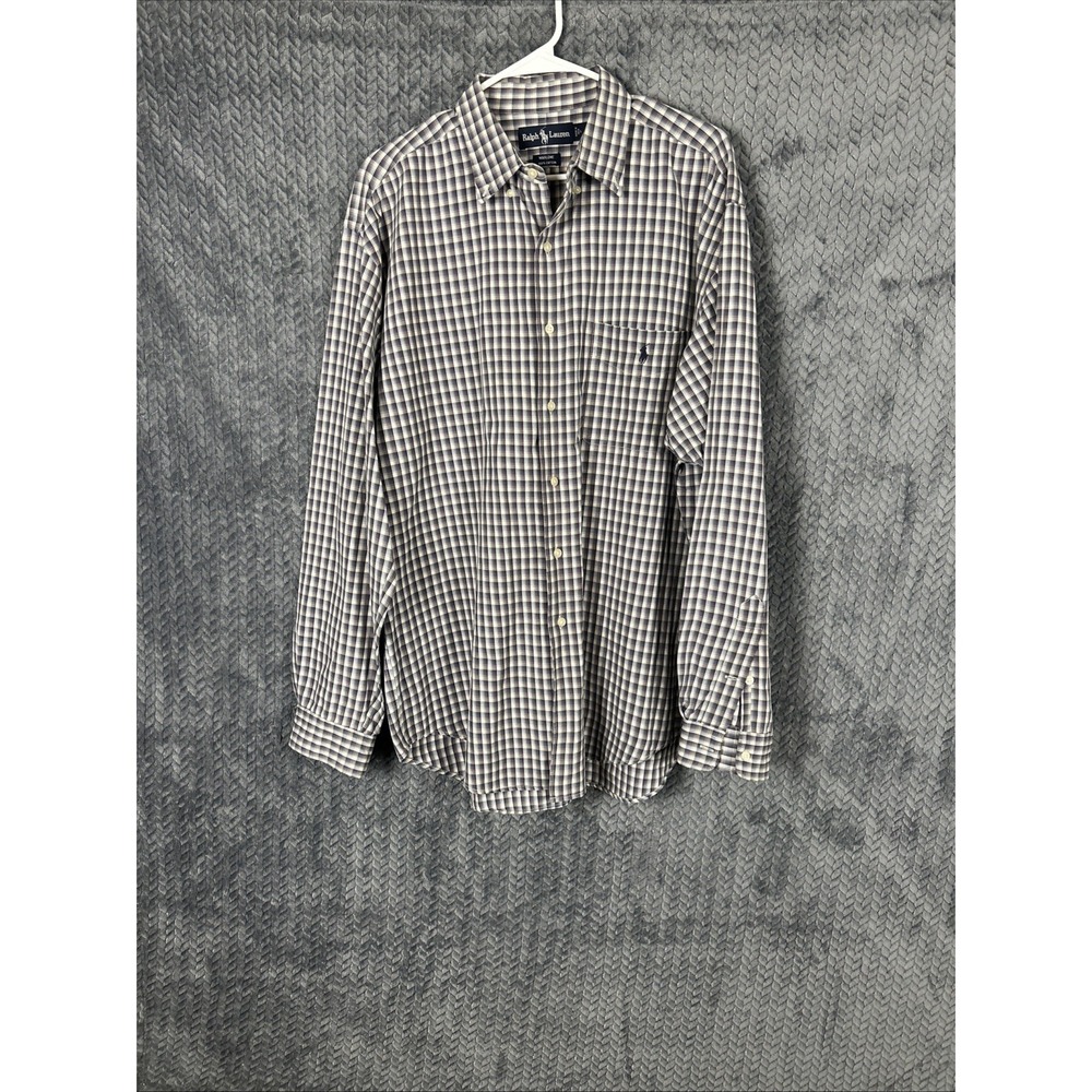 VTG Ralph Lauren Shirt Men L Button Up Long Sleeve Blue White Plaid Pony Preppy